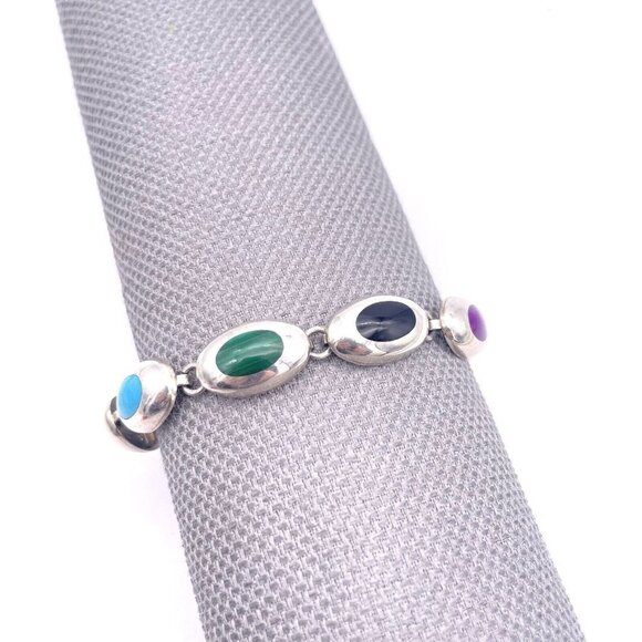 Vintage Taxco Mexico 925 Sterling Silver Bracelet Oval Multi-Gemstone - Picture 3 of 8